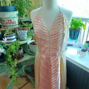 J. Peterman Retro Silk Halter Dress Pink Ivory Pleated Design Fully Lined Size14
